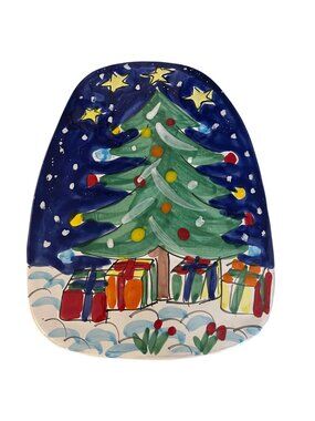 Vintage Hand Painted Christmas Tree Platter Italy Ceramic Holiday Plate 10”